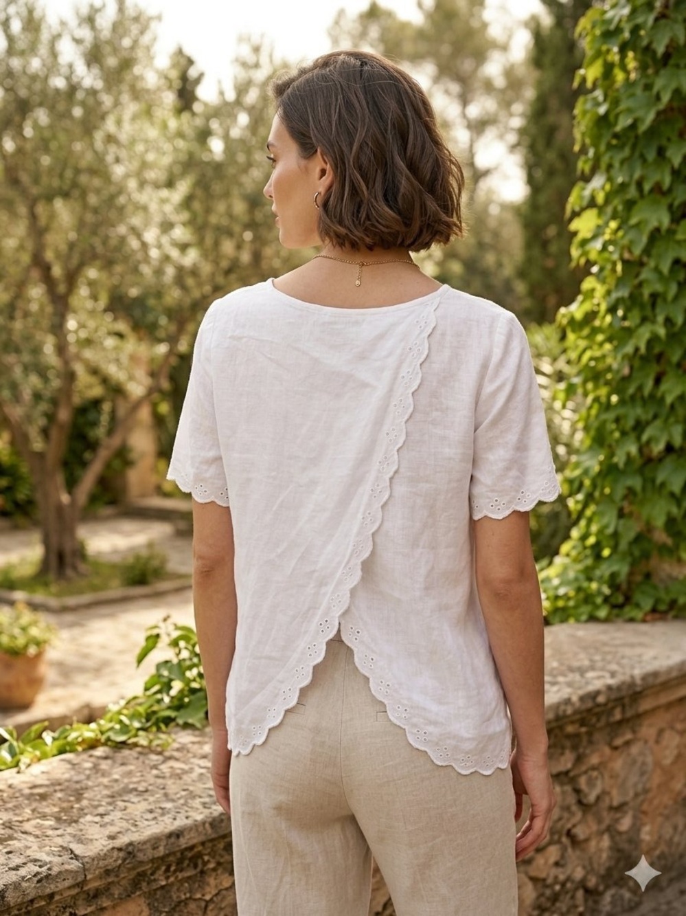 J Crew 100% Linen White Eyelet Scallop Split Back T-shirt